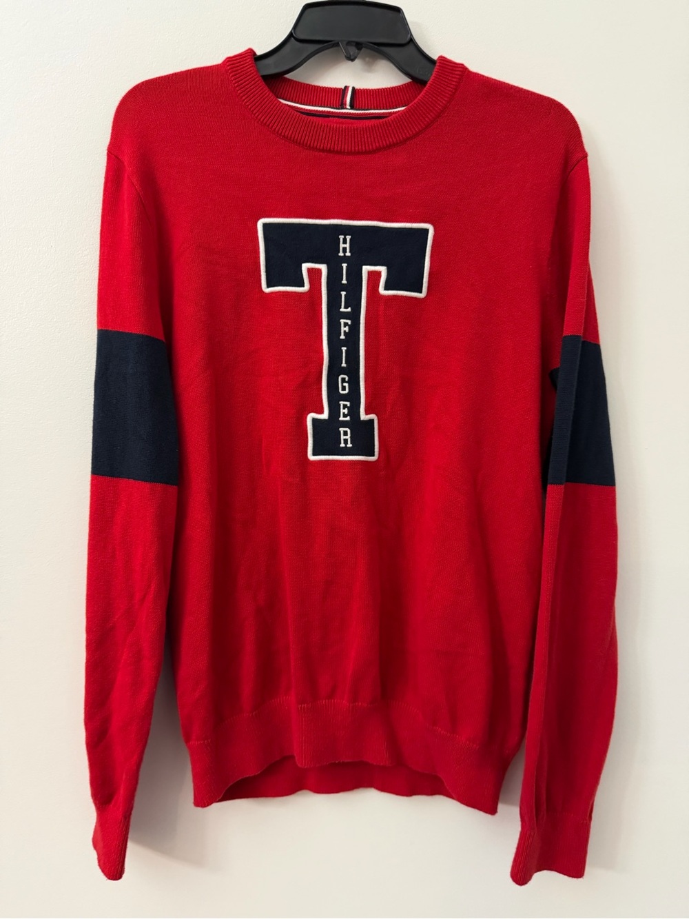 Tommy Hilfiger Mens Red Pullover Sweater Big T Logo Medium Y2K Collegiate Red Bl